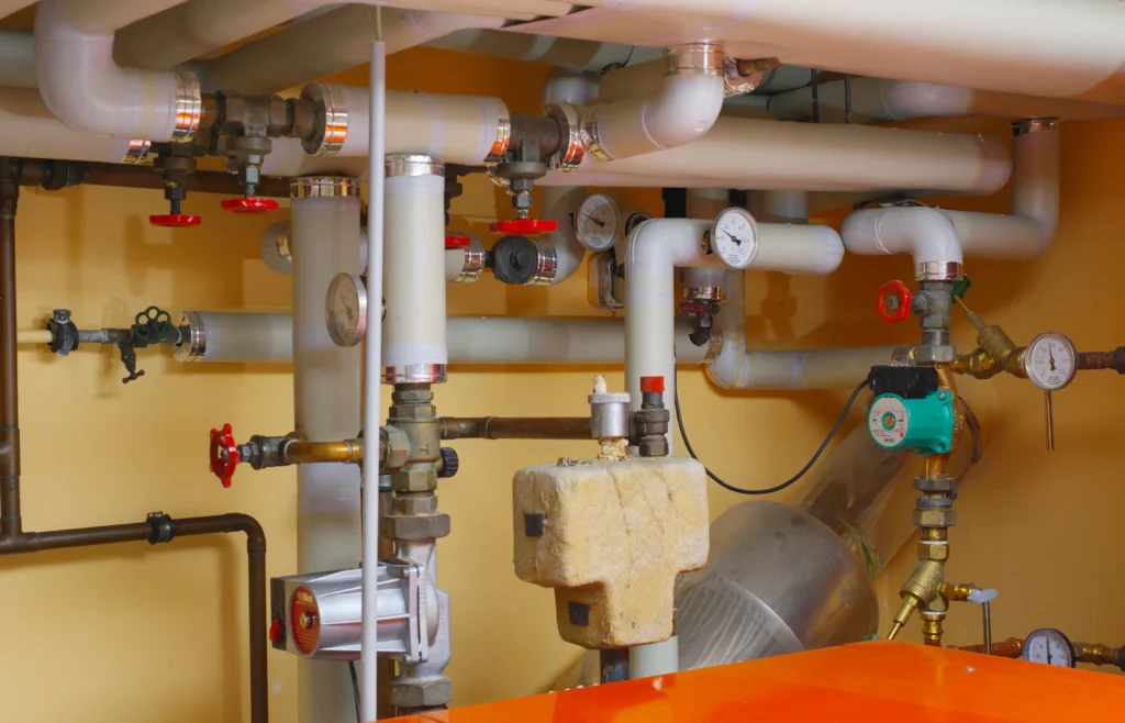 Commercial plumbing pipes and valves in a mechanical room