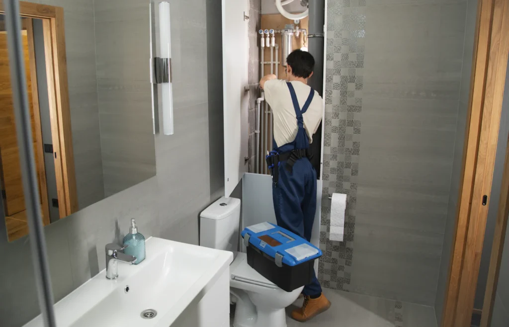 Plumber clearing a clogged drain line in a bathroom